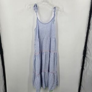 Vineyard Vines Blue White Striped Linen Tiered Midi Dress Tie Strap Womens M
